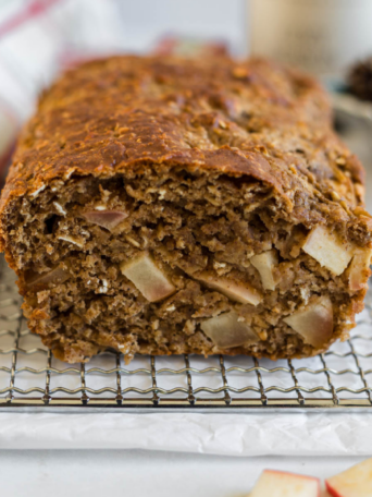 Apple cinnamon loaf sliced open.