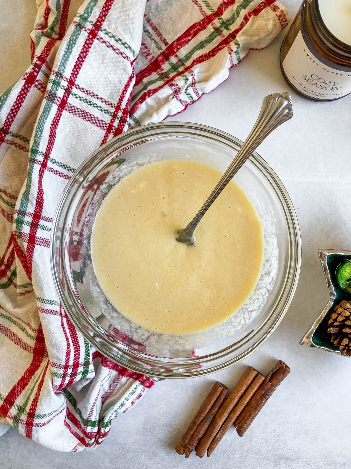 Wet ingredients mixed in a bowl.
