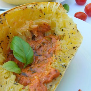 Roasted Spaghetti Squash with Feta Tomato Sauce.