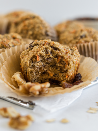 A muffin on a muffin liner.