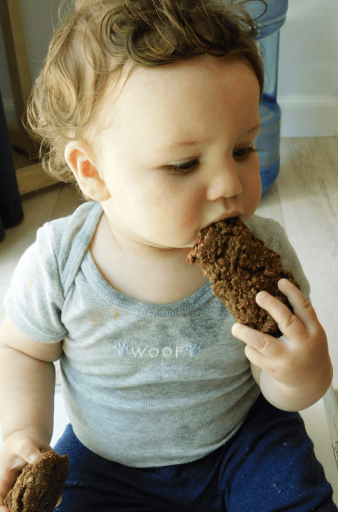 A toddler is eating a fig bar.