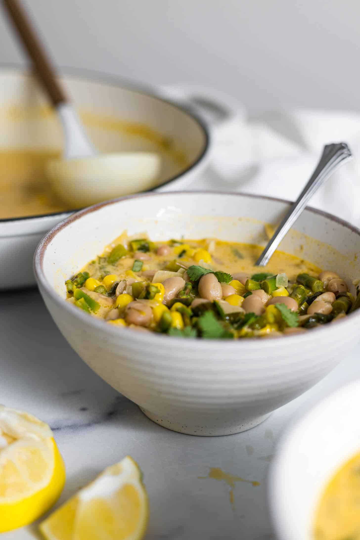 Side view of a bowl of soup with a large pot behind it.