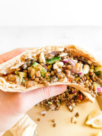 A white hand is holding a mediterranean lentil pita pocket.