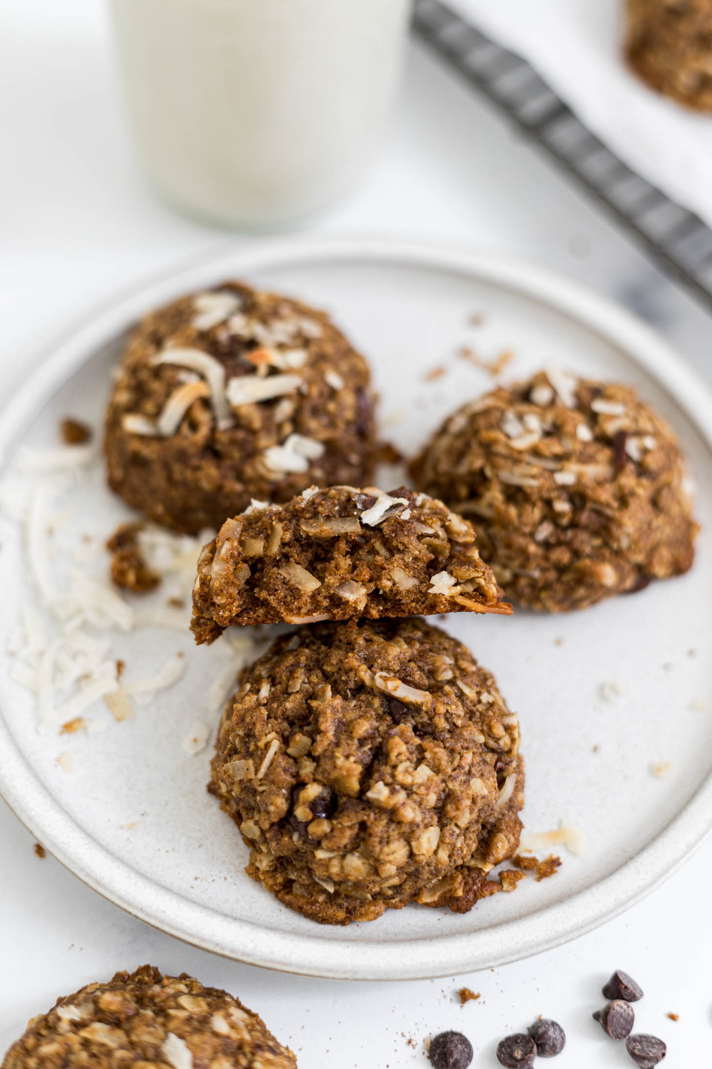 Vegan Oatmeal Chocolate Chip Cookies on a plate.