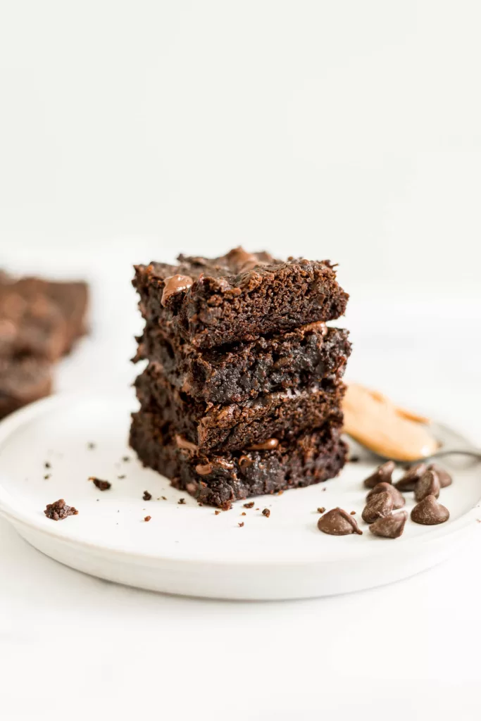 A stack of Peanut Butter Chickpea Brownies.