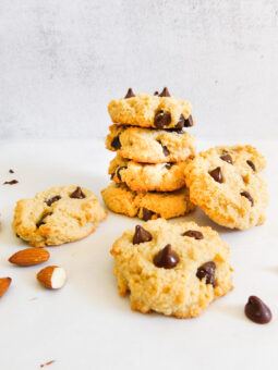 A stack of gluten-free almond flour chocolate chip cookies.