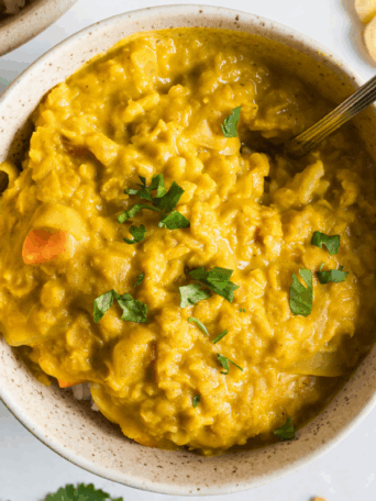 A bowl of pumpkin lentil curry.