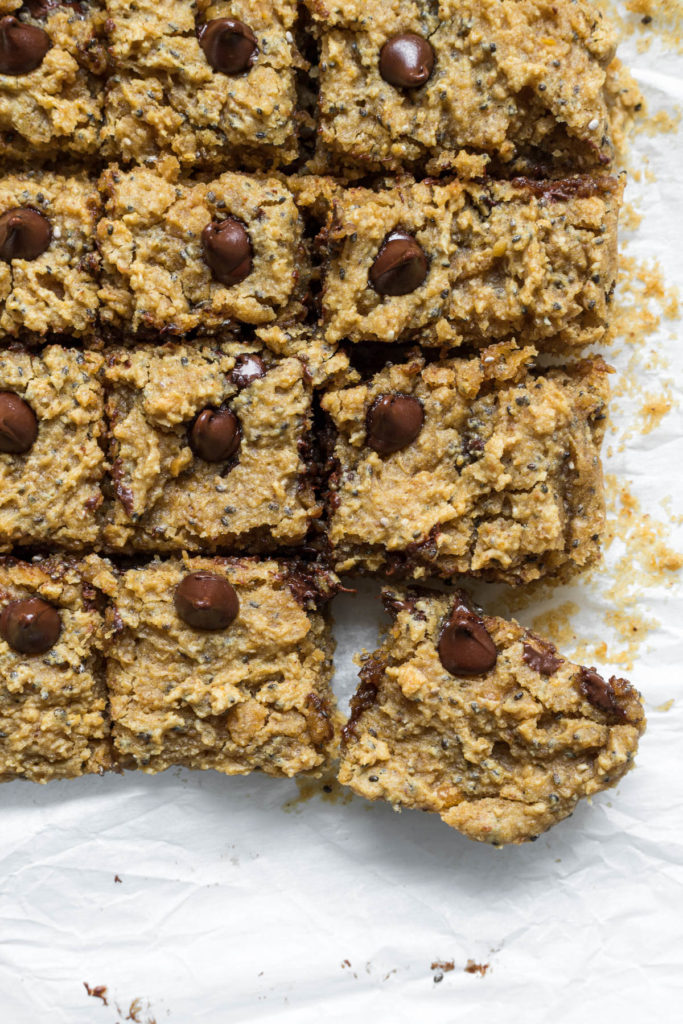 Rows of chickpea blondies with one slightly turned out.