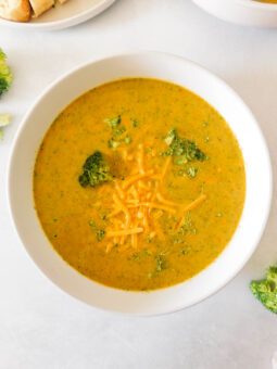 A bowl of Gluten-Free Broccoli Cheddar Soup.
