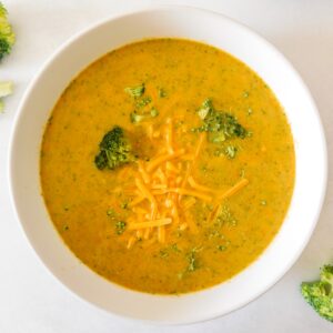 A bowl of Gluten-Free Broccoli Cheddar Soup.