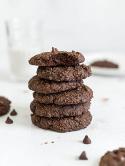 A stack of Gluten-Free Double Chocolate Chip Cookies.