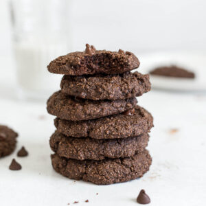A stack of Gluten-Free Double Chocolate Chip Cookies.