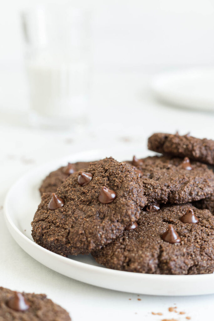 A plate of Gluten-Free Double Chocolate Chip Cookies.