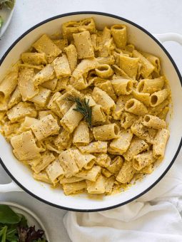 An overhead view of Pumpkin Ricotta Pasta in a serving dish.