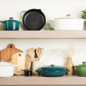 Larder & Vine cookware displayed on a countertop.