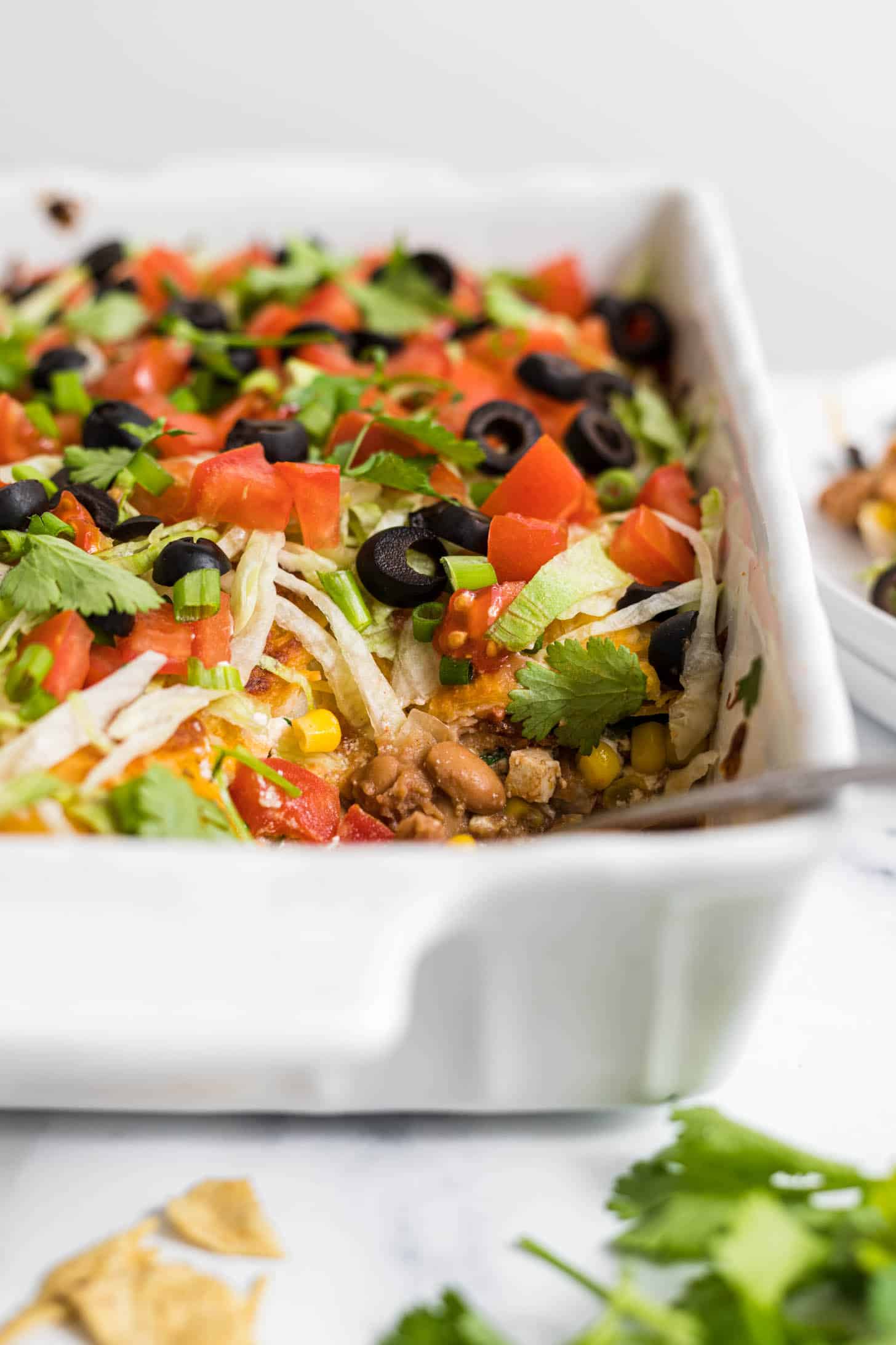 Taco casserole in a baking dish.