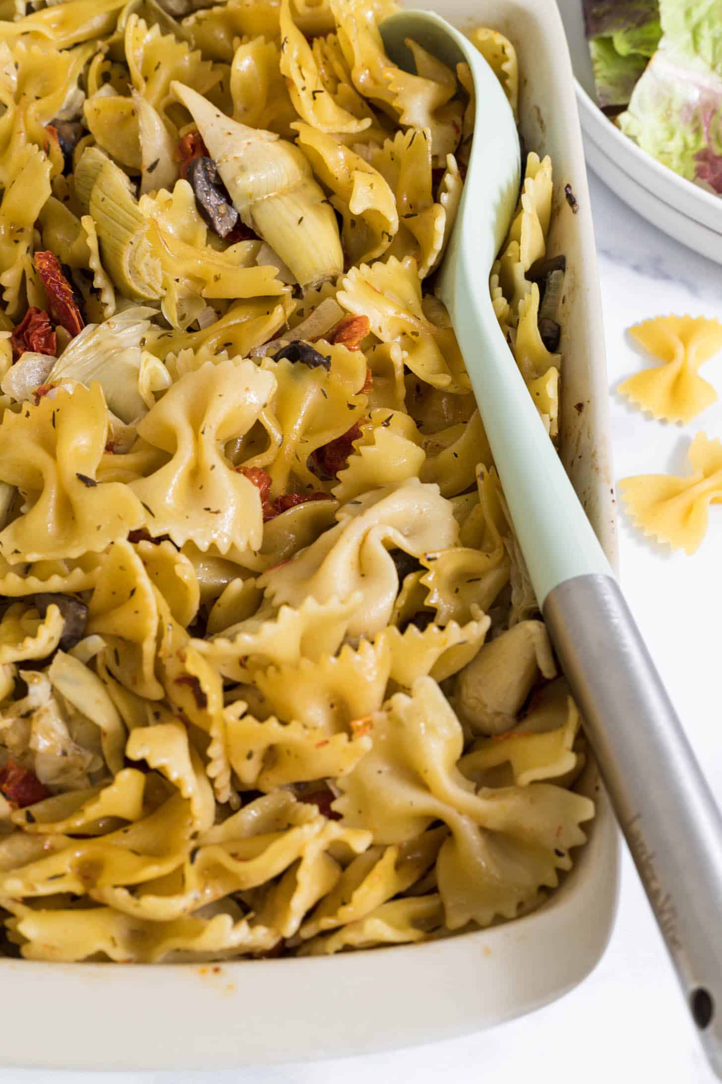 Cooked pasta in a baking dish.