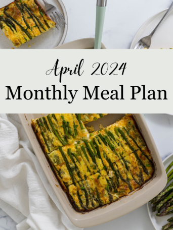 April 2024 Monthly Meal Plan is displayed over an image of egg casserole.
