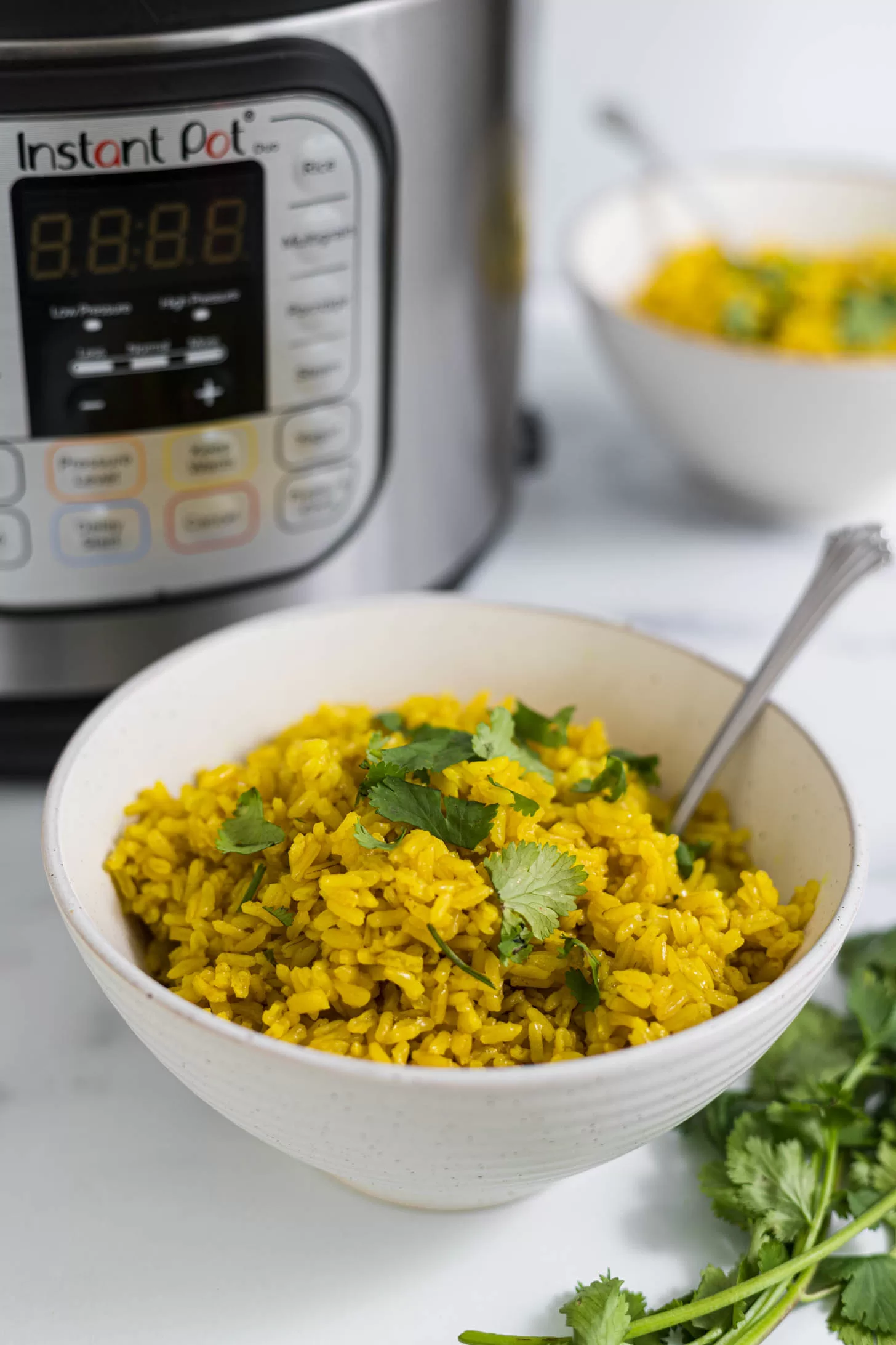 A bowl of turmeric rice with an instant pot behind it.