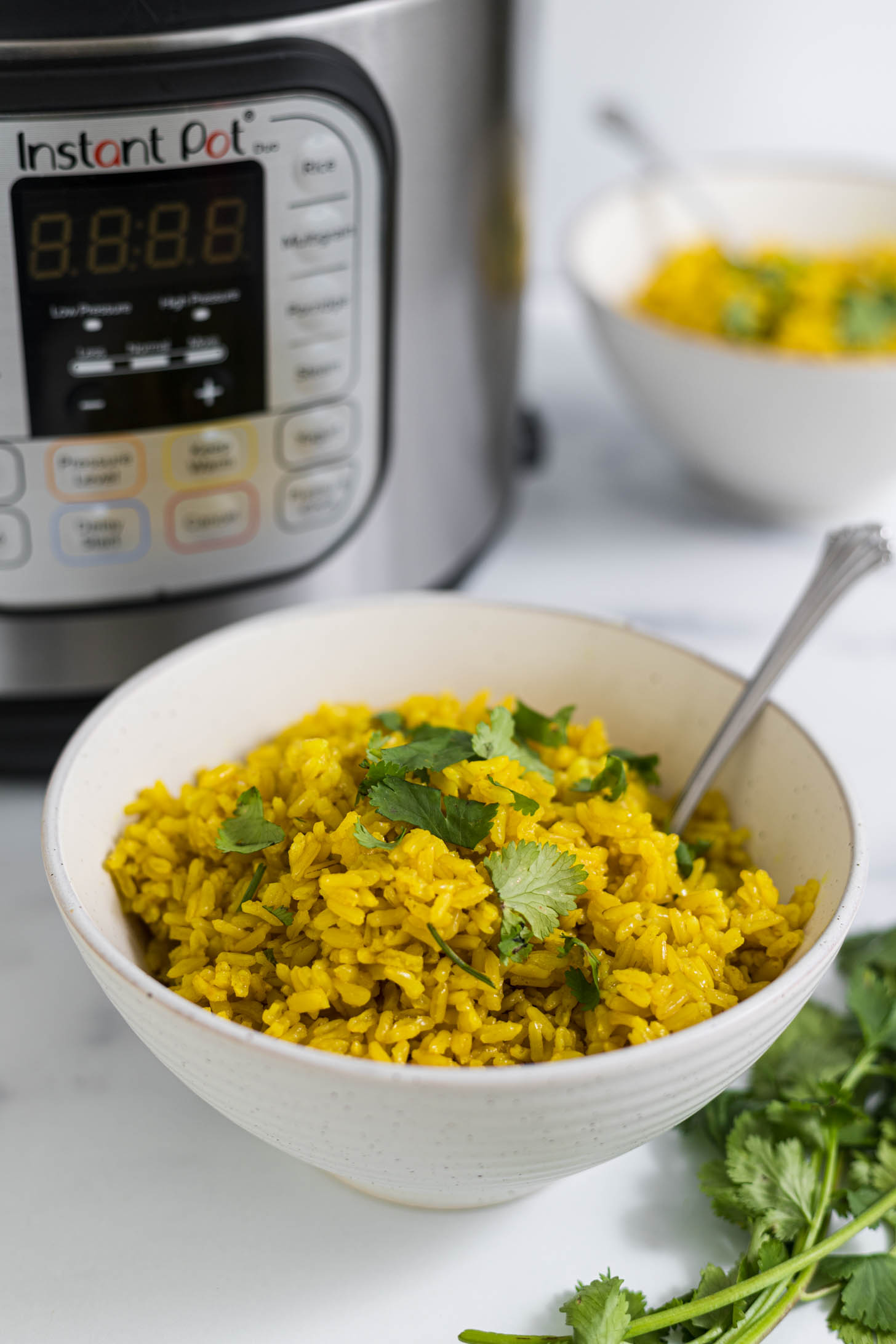 A bowl of turmeric rice with an instant pot behind it.