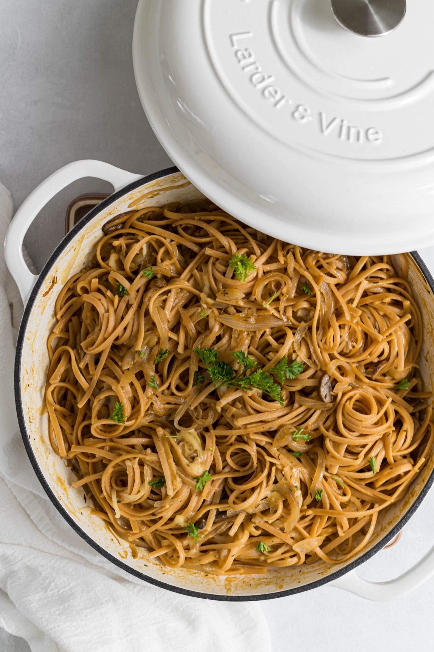 Completed pasta in the braiser.