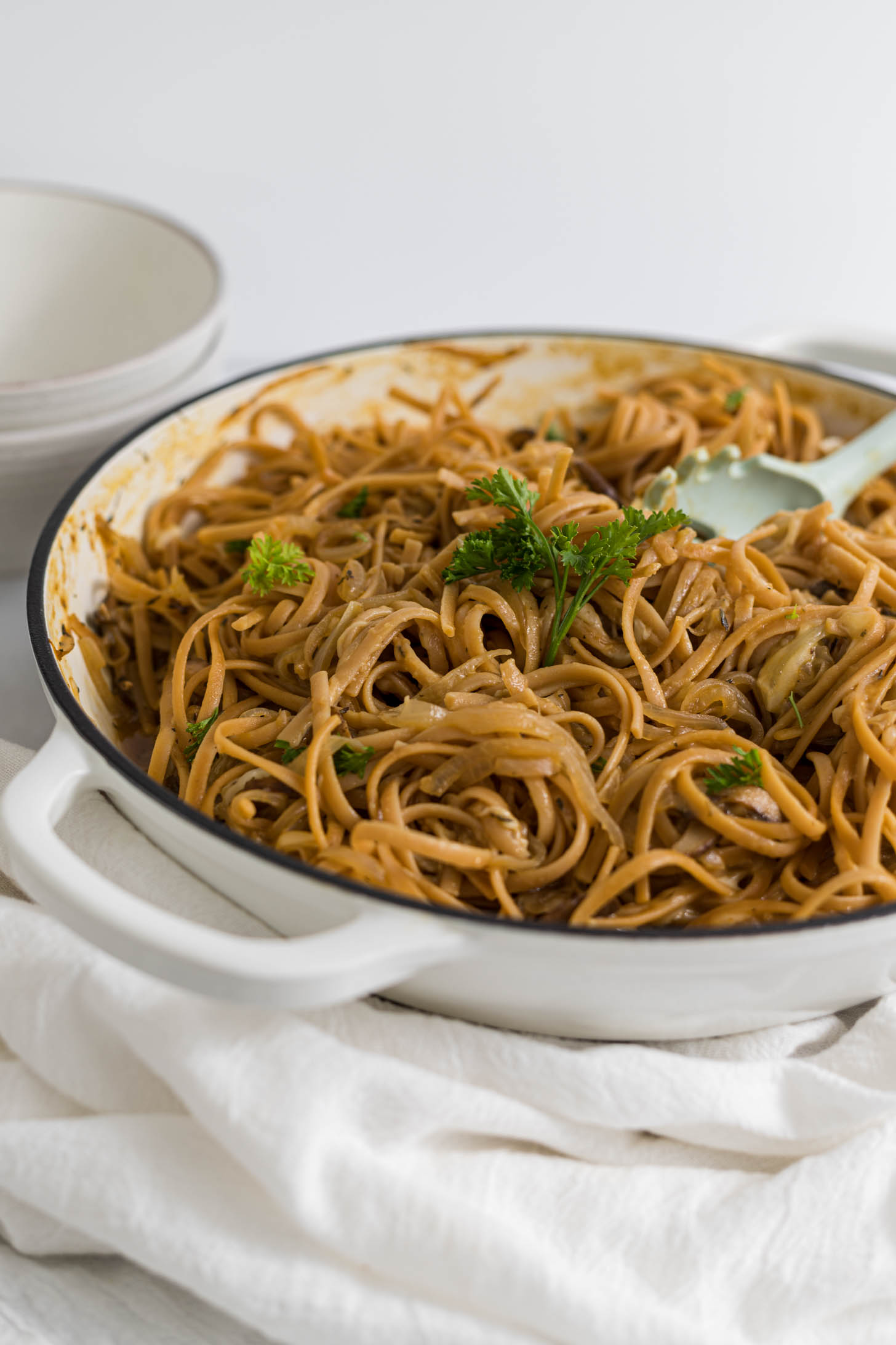 One pot french onion pasta in the braiser.