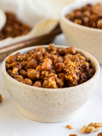 A bowl of walnut crusted roasted chickpeas.