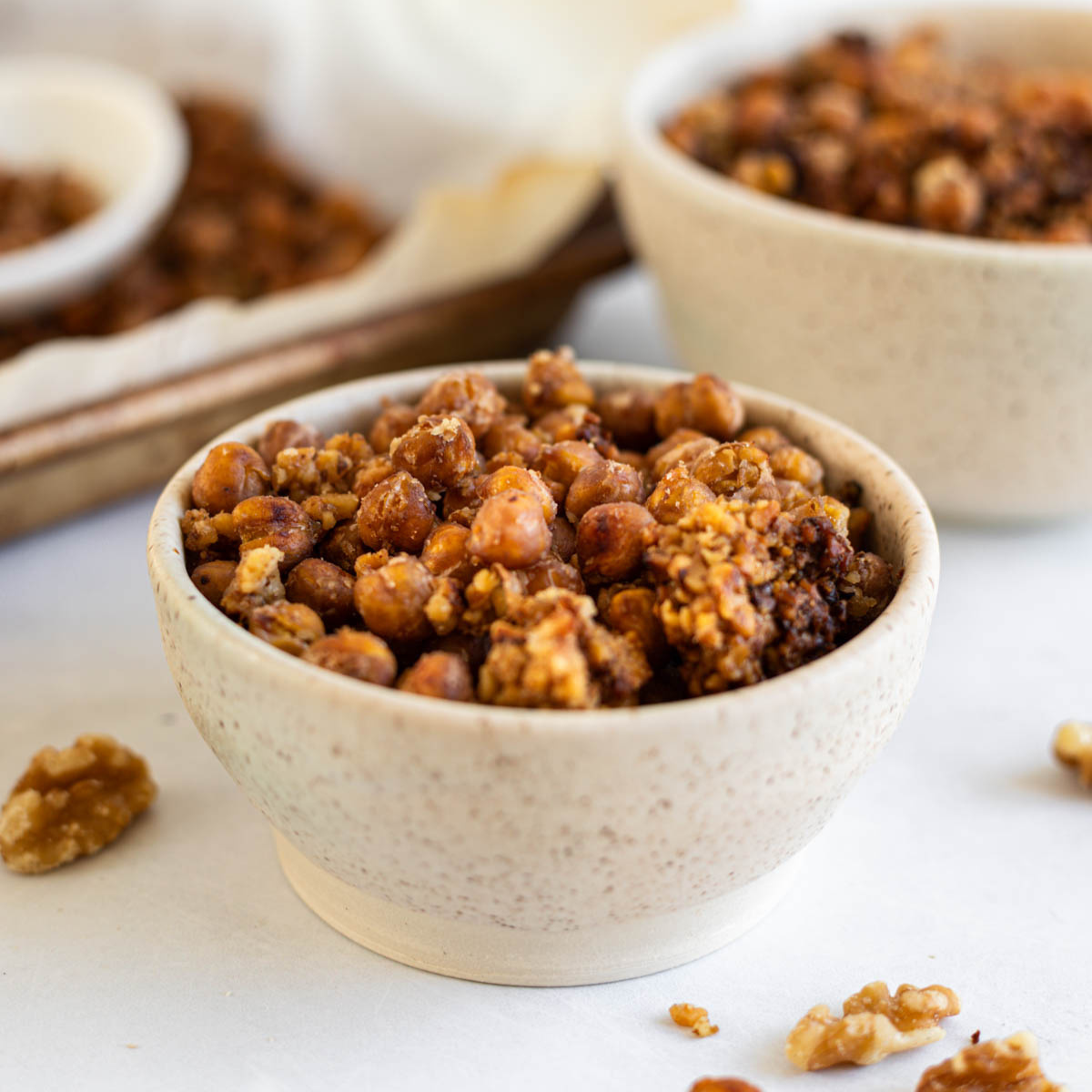 A bowl of walnut crusted roasted chickpeas.