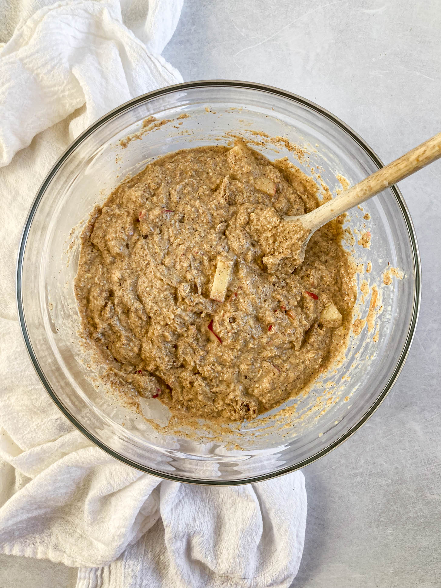 Wet and dry ingredients mixed together to form muffin batter.