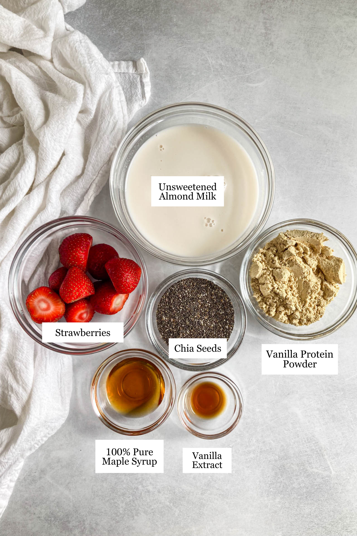 Strawberry chia seed pudding ingredients.
