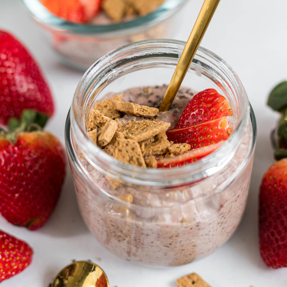 Strawberry Chia Seed Pudding in a glass mason jar.