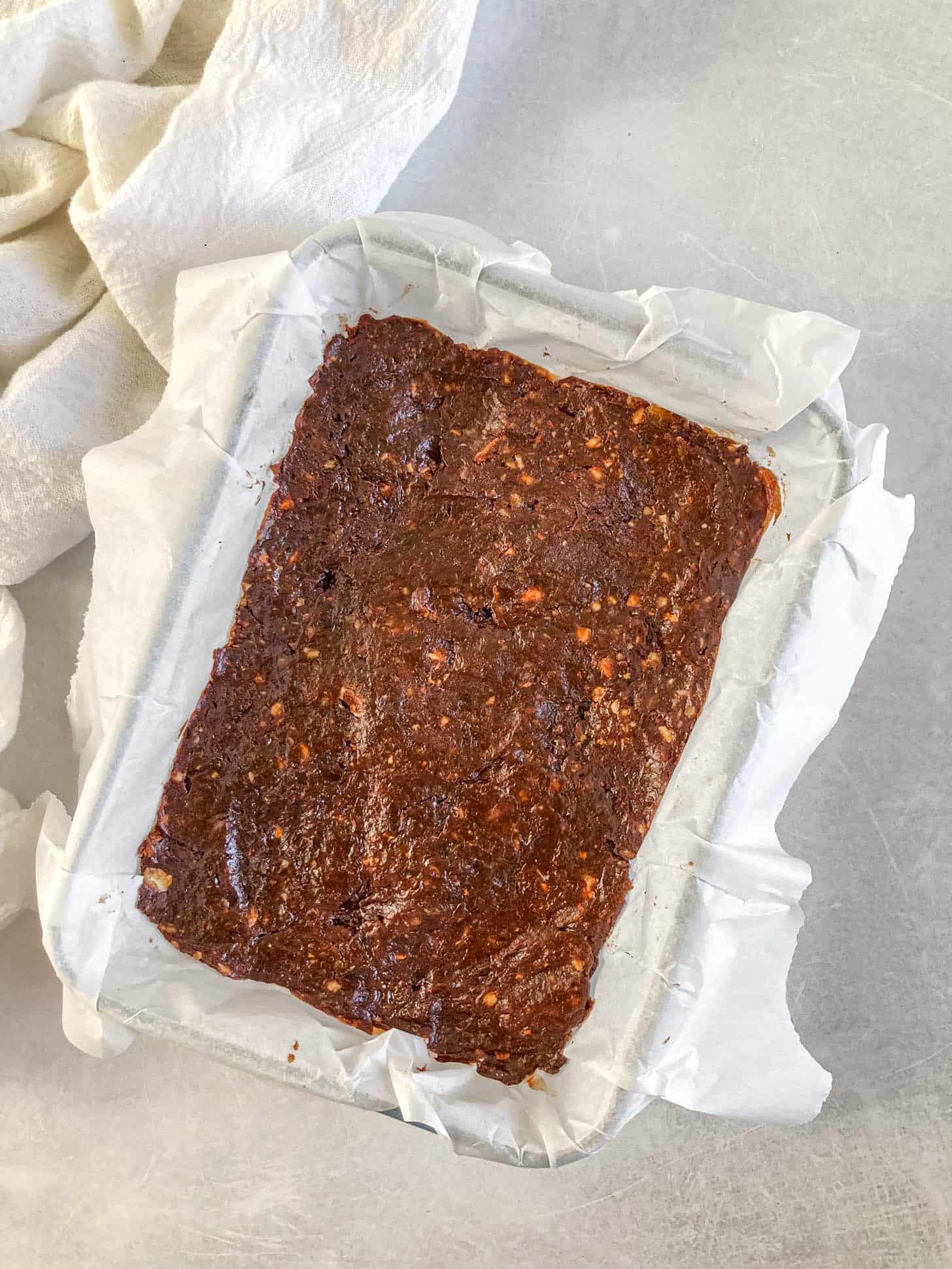 Brownie bars in a baking dish.