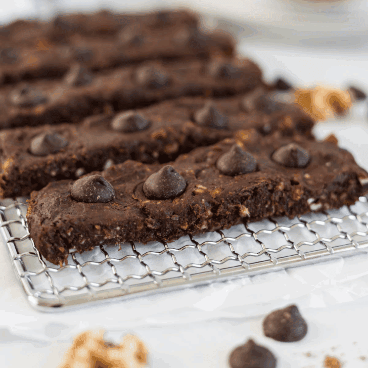 Chocolate Chip Brownie Bars on a wire rack.