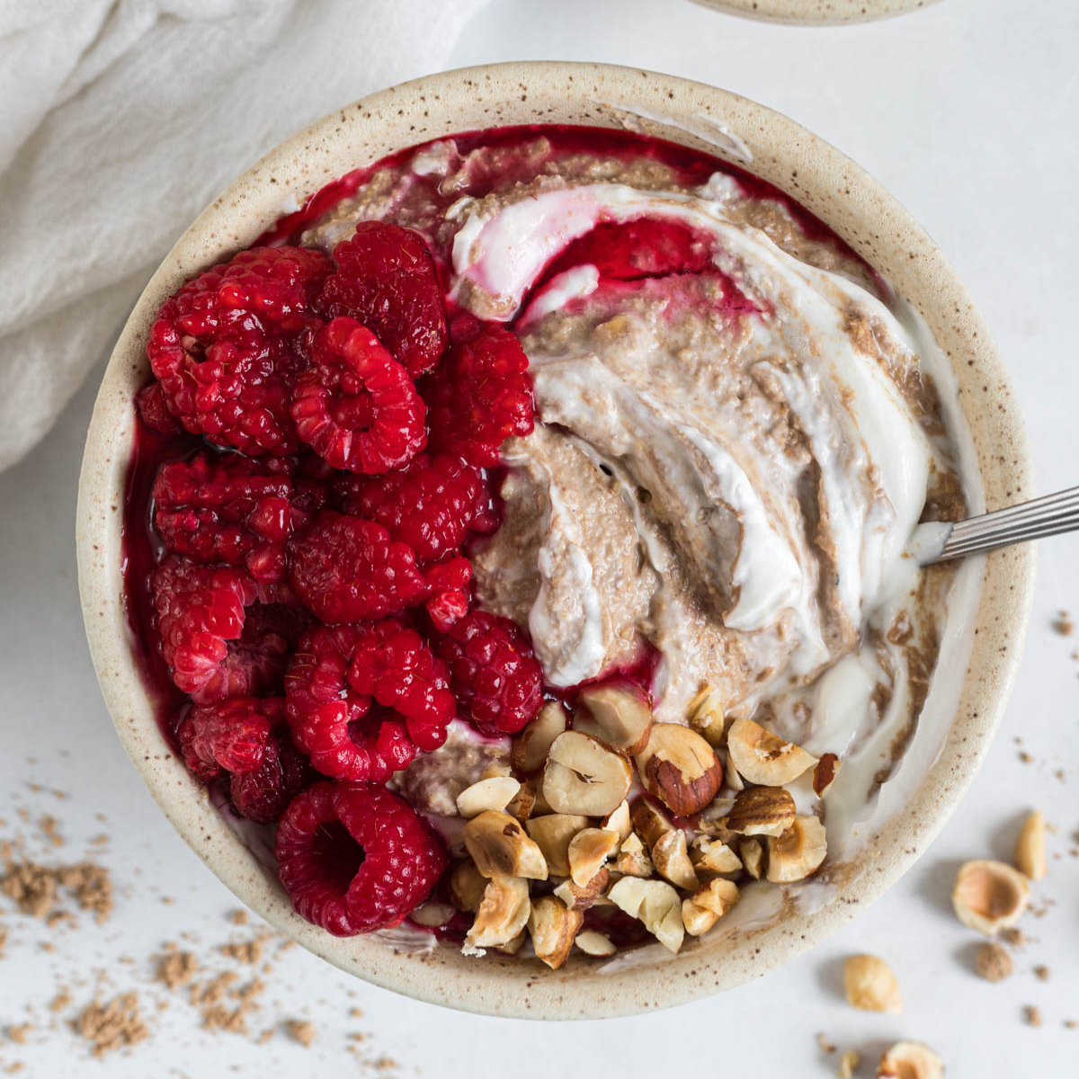 A bowl of Chocolate Hazelnut High Protein Yogurt.