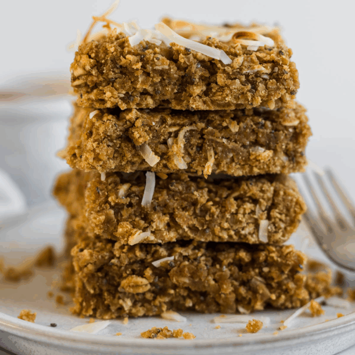 High protein breakfast bars in a stack.