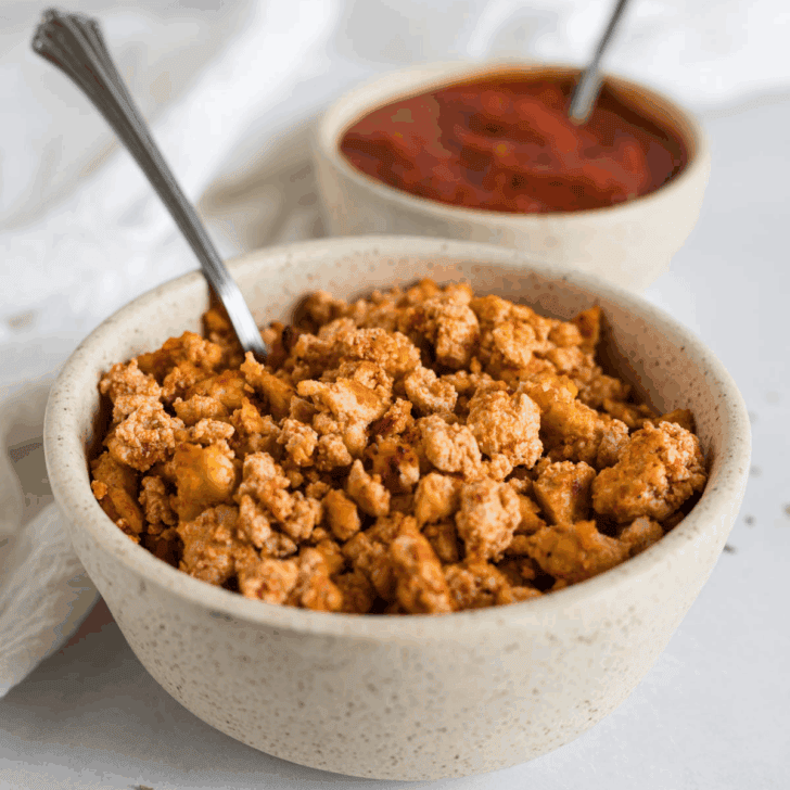 A bowl of tofu crumbles.