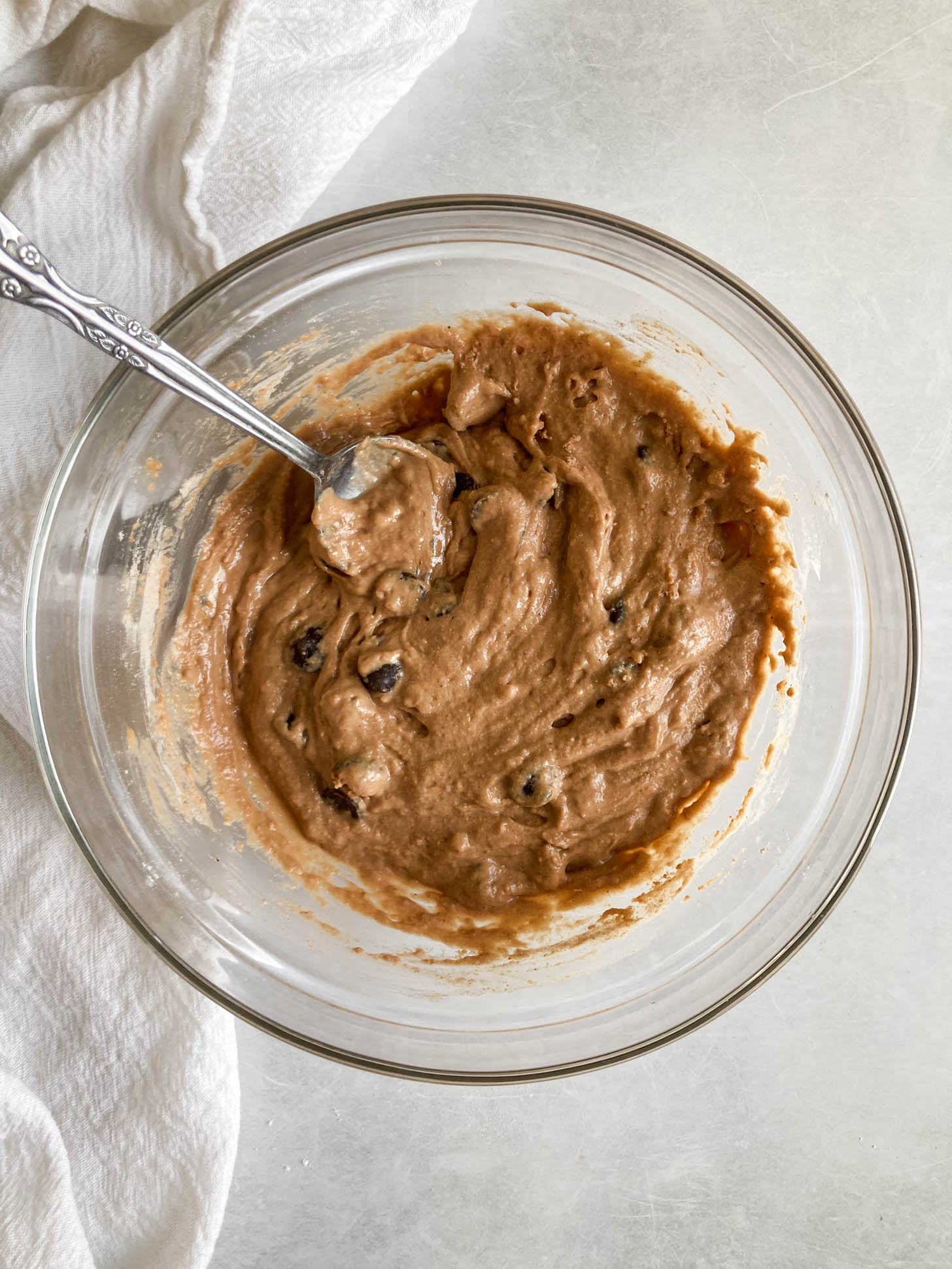 Wet and dry ingredients mixed together and chocolate chips folded in.