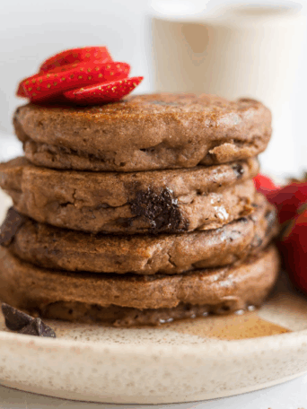 A stack of chocolate protein pancakes.