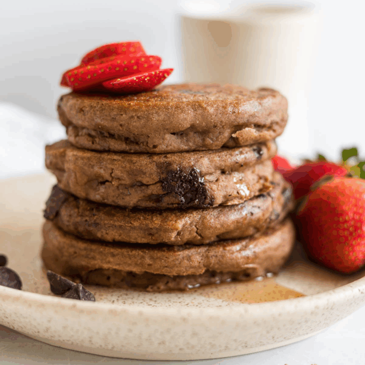 A stack of chocolate protein pancakes.