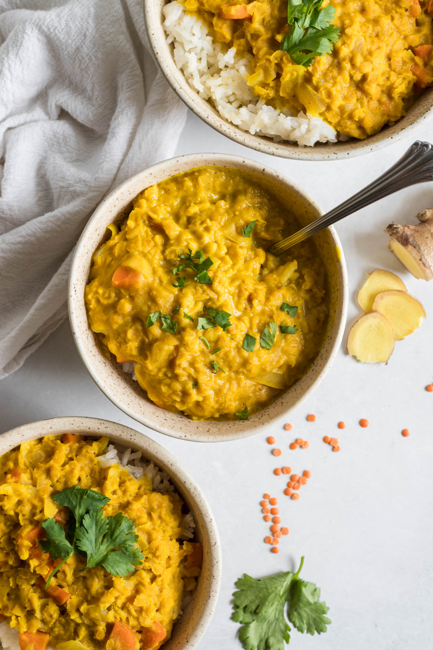 Lentil curry in three bowls.