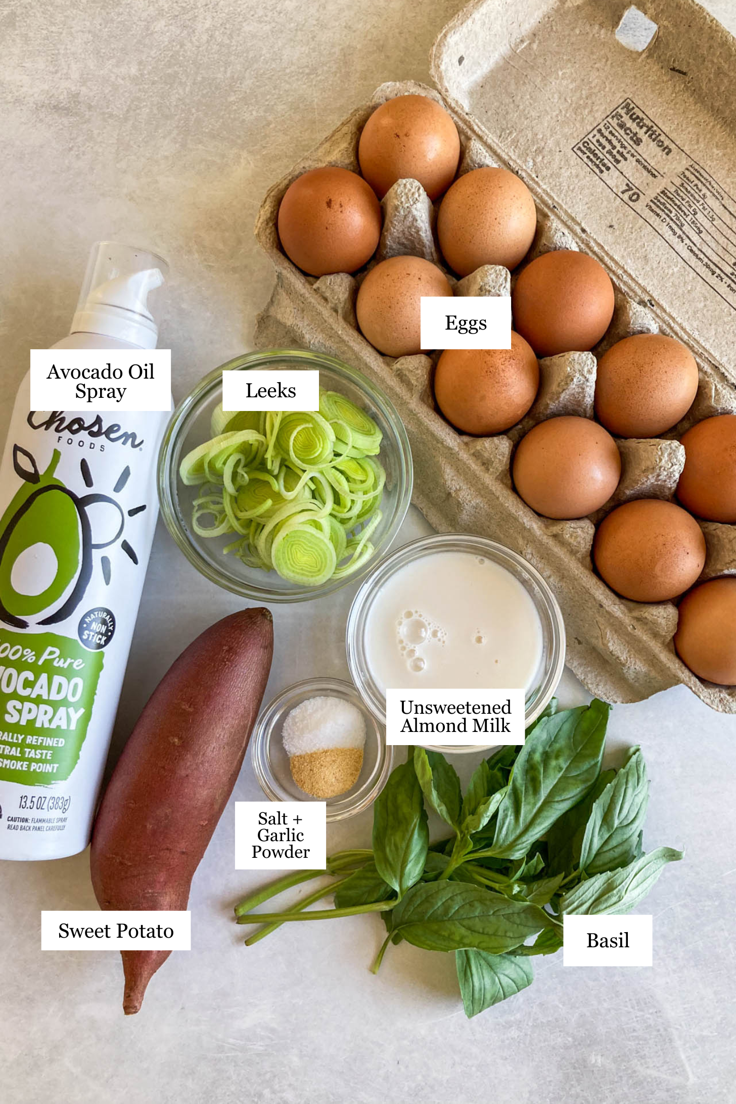 Sweet potato egg bake ingredients.