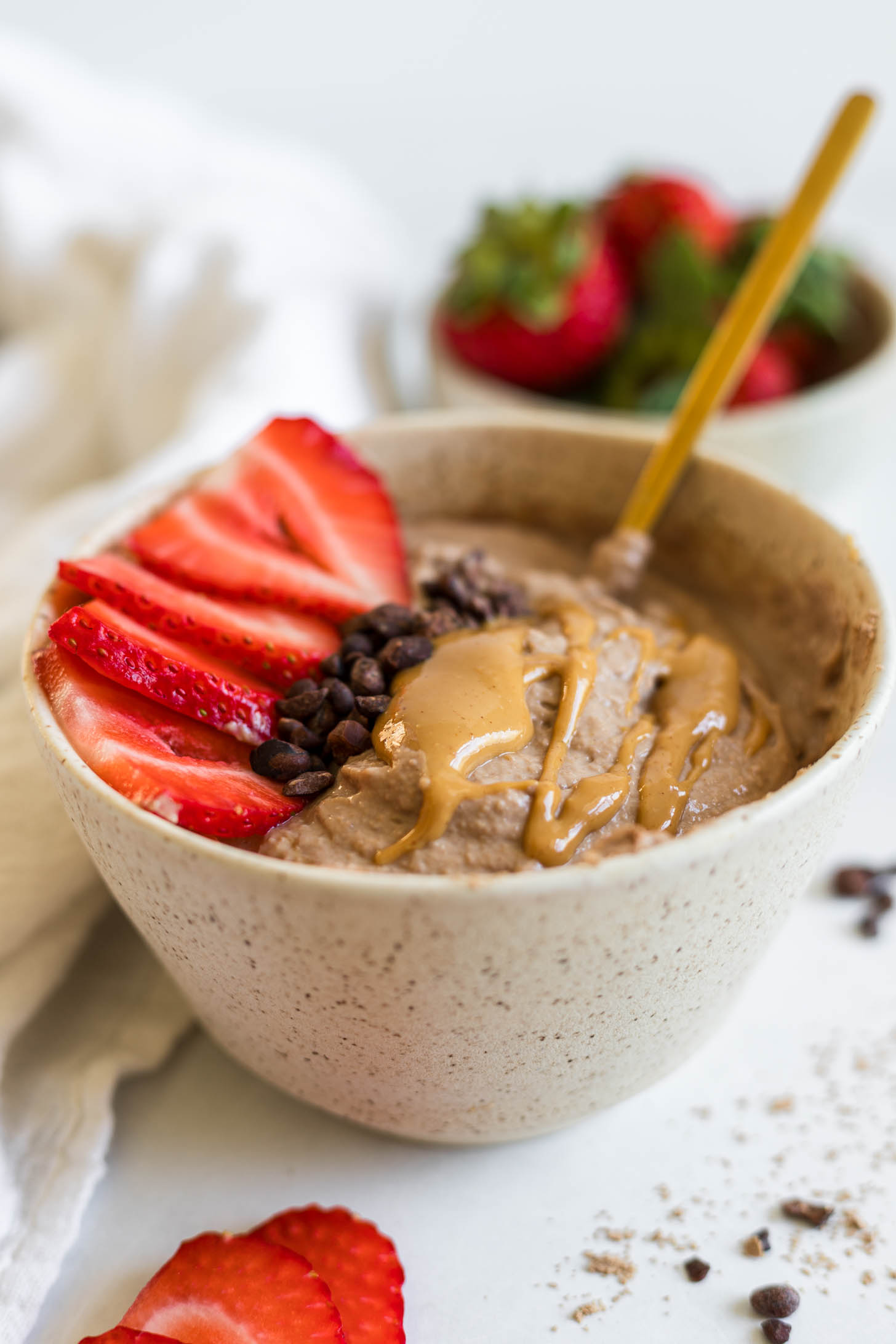 High protein chocolate peanut butter yogurt in a bowl.