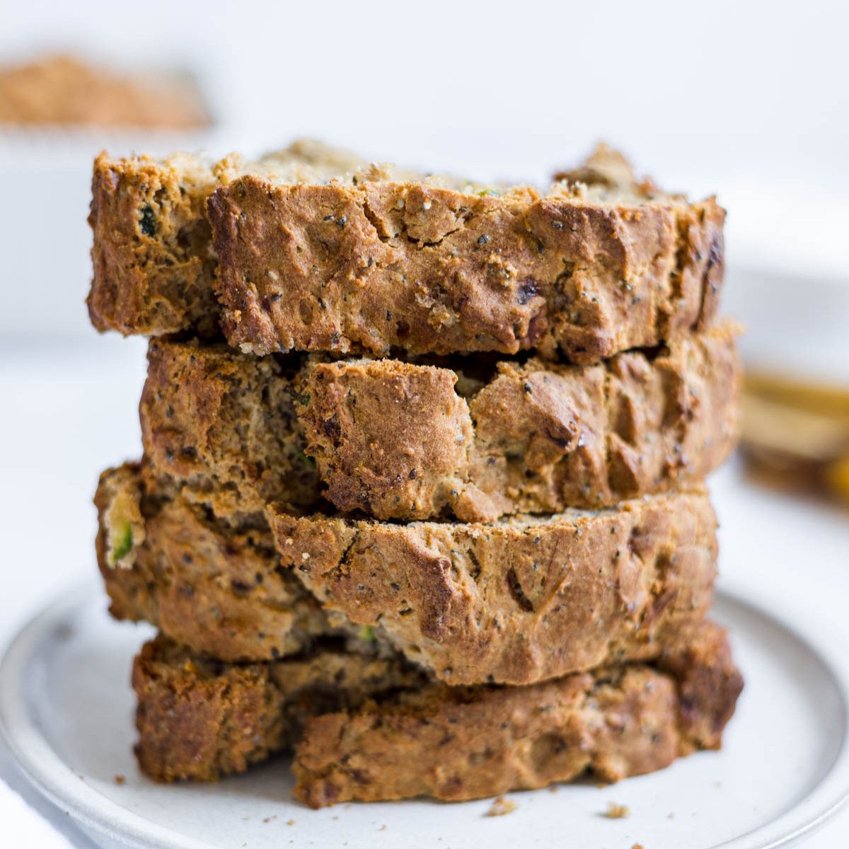 A stack of banana zucchini bread slices.
