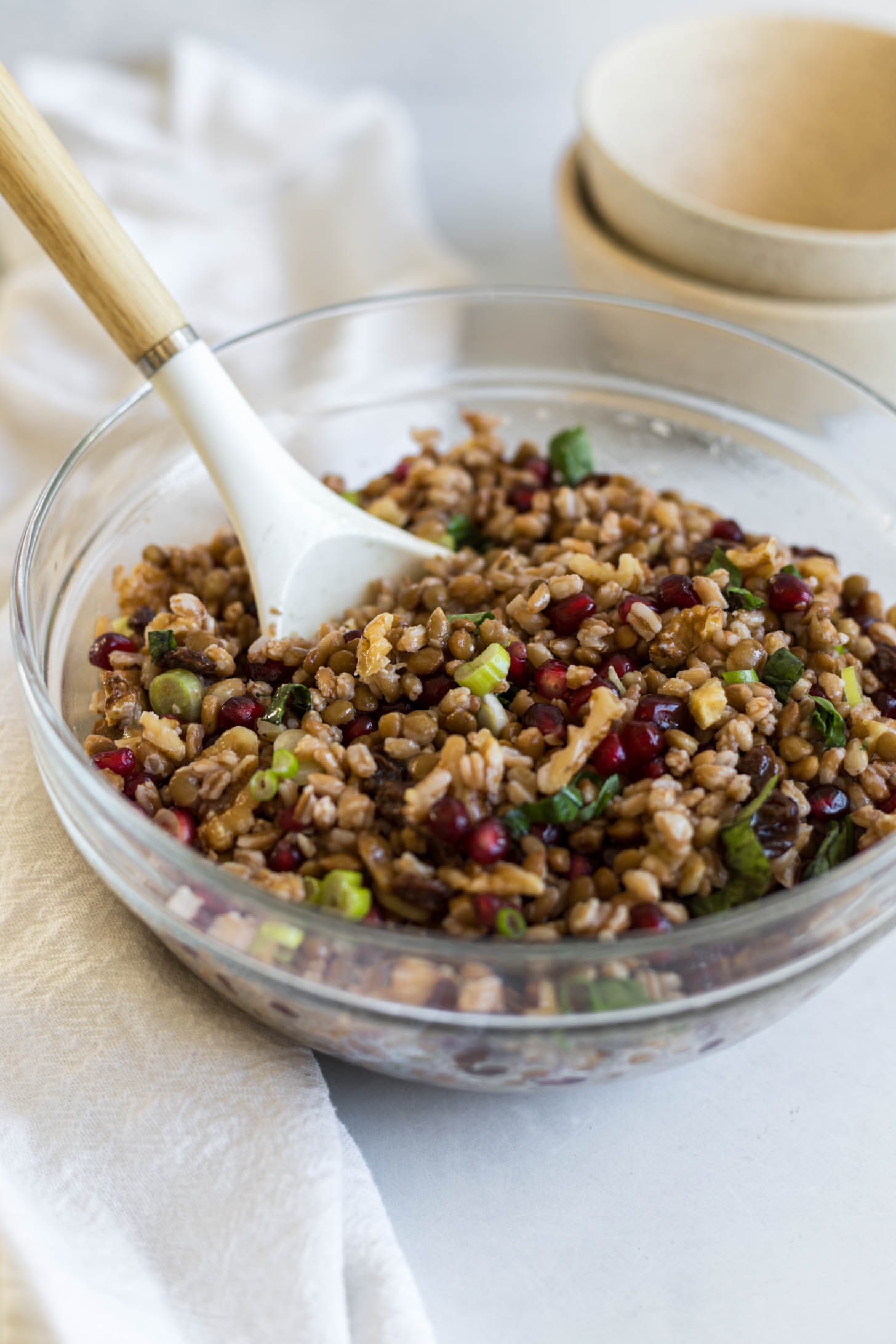 Lentil farro salad in a bowl.
