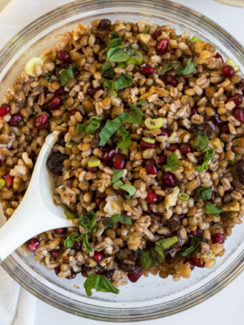 A bowl of pomegranate lentil salad.