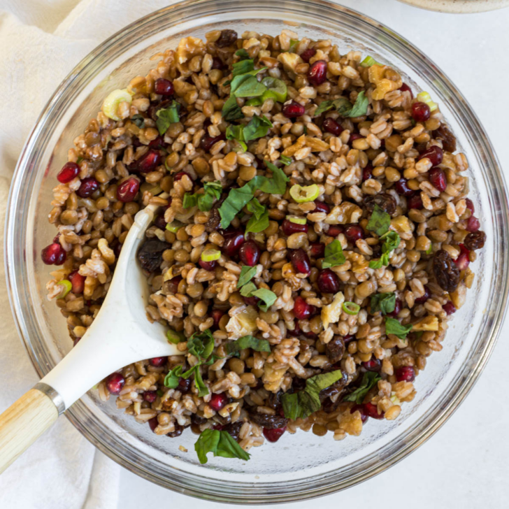A bowl of pomegranate lentil salad.