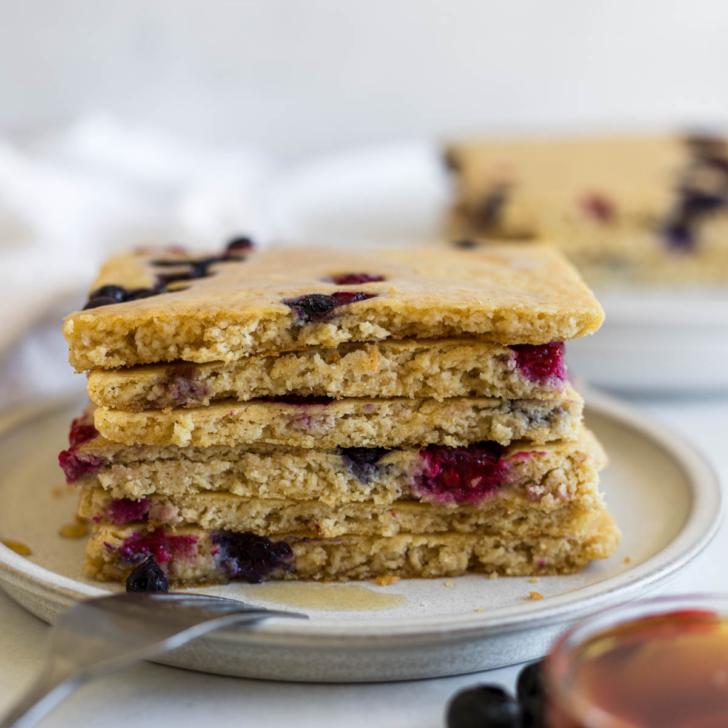 A stack of sheet pan pancakes.