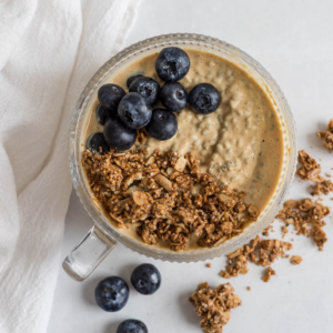 Basil seed pudding with blueberries and granola.