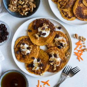 A plate of carrot cake protein pancakes.