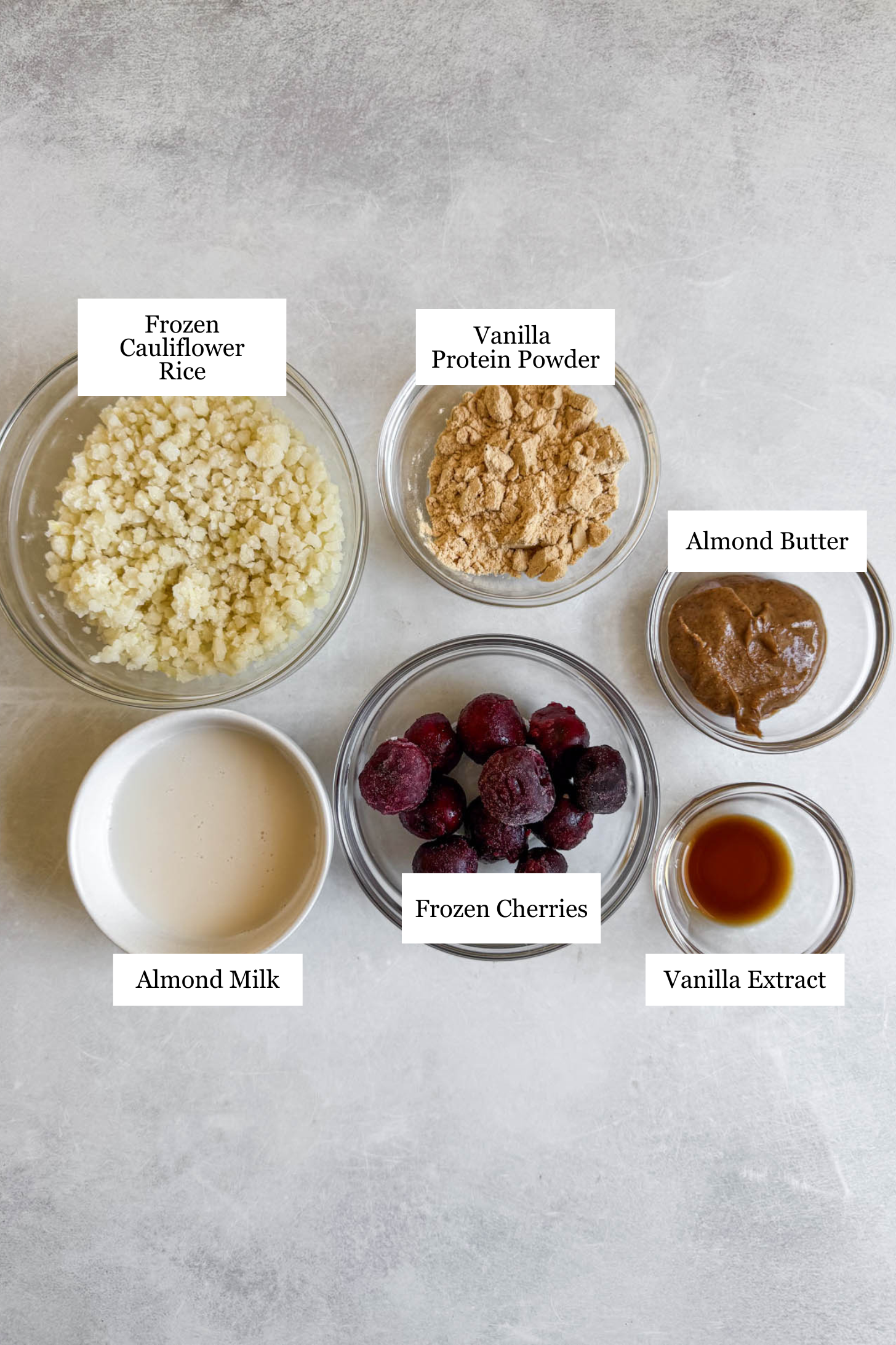 Cherry almond smoothie ingredients.